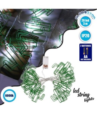 79801 Διακοσμητική Γιρλάντα Green Cactus 3 Μέτρα με Διακόπτη On-Off - 20 LED 2W με Μπαταρίες 2xAA & Διάφανο Καλώδιο IP20 Ψυχρό Λευκό 6000K Μ3m